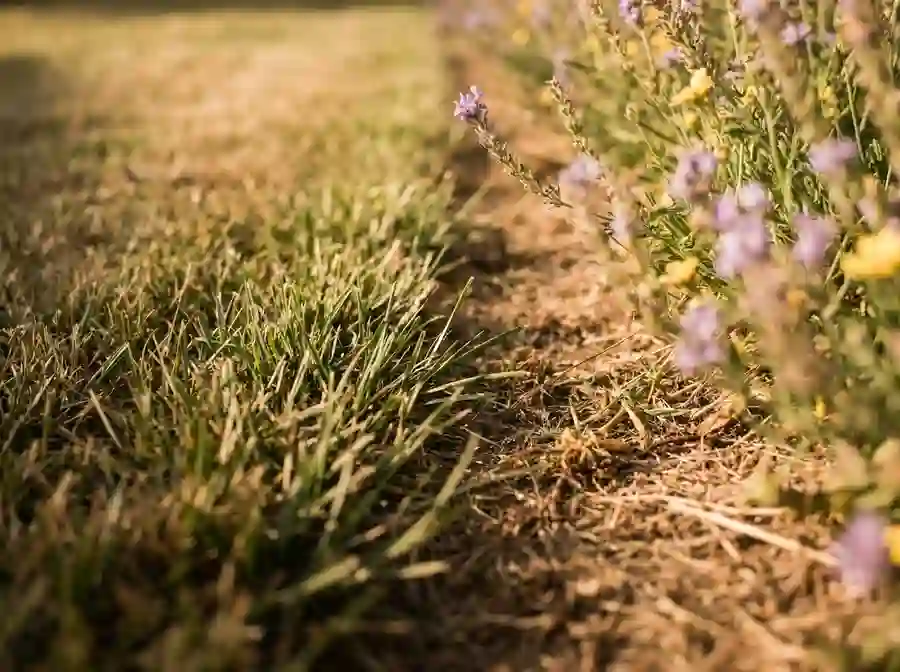 A close view of a mown lawn stripe meeting a flower bed, grass and blooms in soft focus.