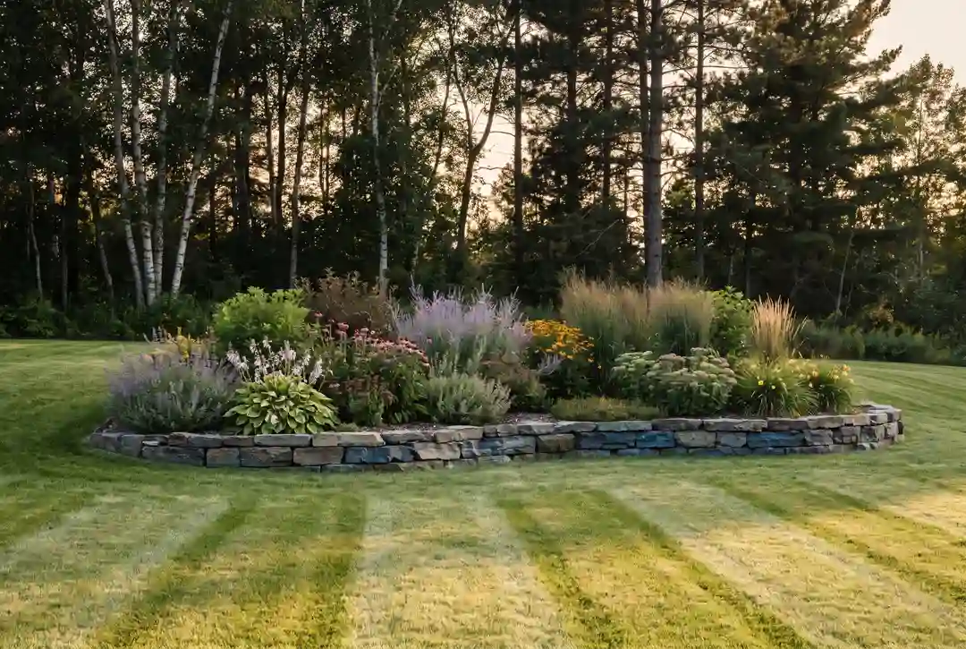 A mown lawn, a flower bed of mixed perennials, and a low natural stone retaining wall in a residential yard, with a birch and pine tree line beyond.