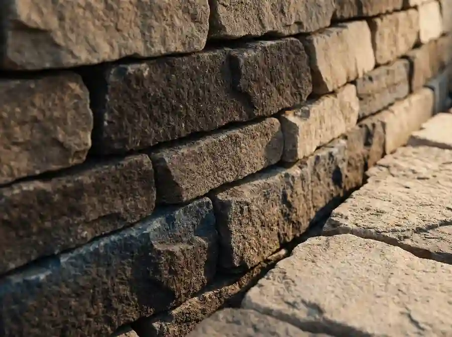 Close-up of stacked natural stone pavers and a retaining wall face, showing texture and stone coursing.